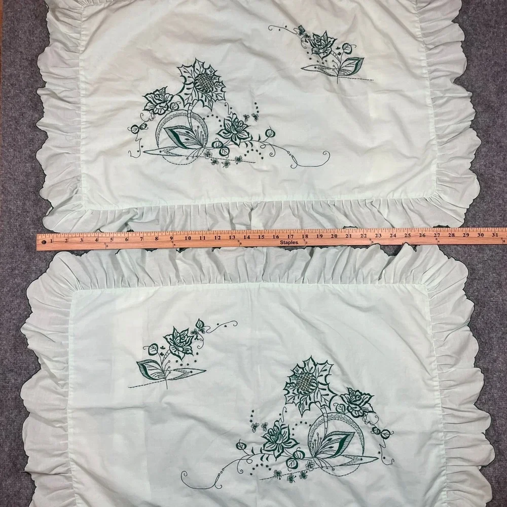 Vintage Pillow Shams Set of 2 Standard Mint Green Floral Embroidered Ruffled
